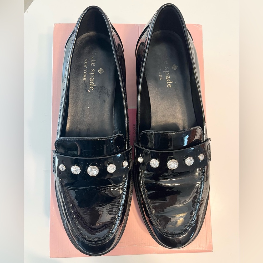 Kate Spade Shiny Black Loafers with Crystal Details